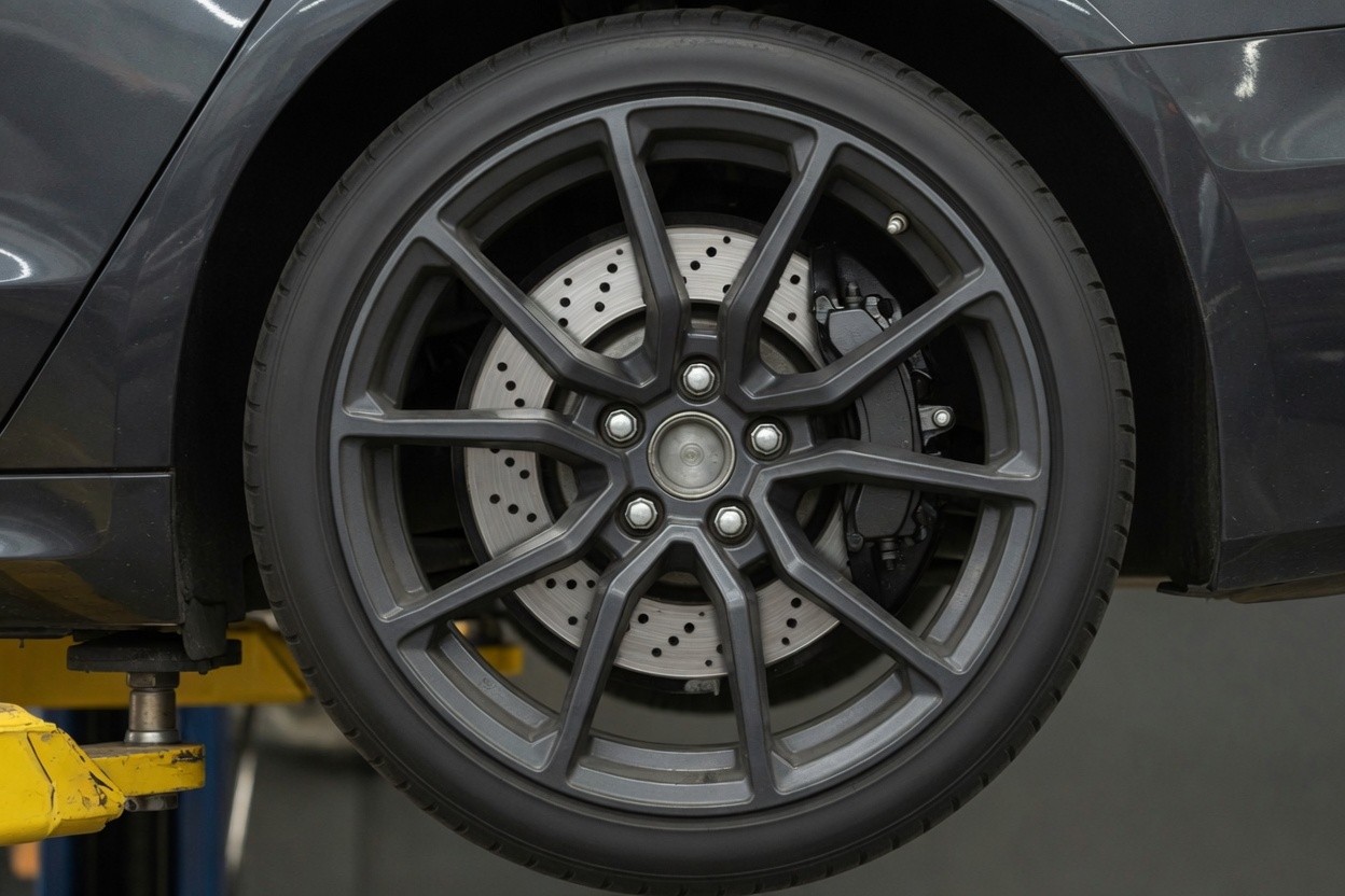 Front wheel and brake of a sedan on the lift