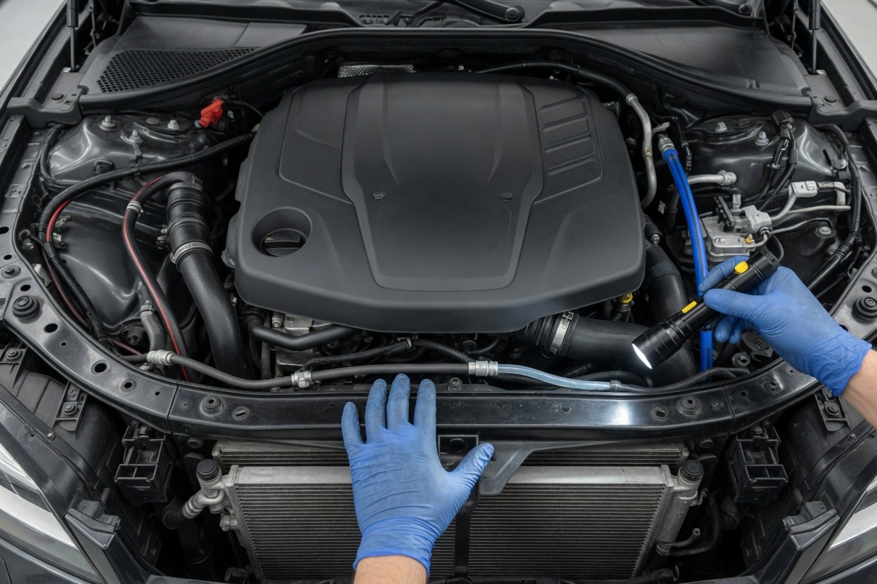 Gloved hands inspecting an unmarked engine cover with a flashlight