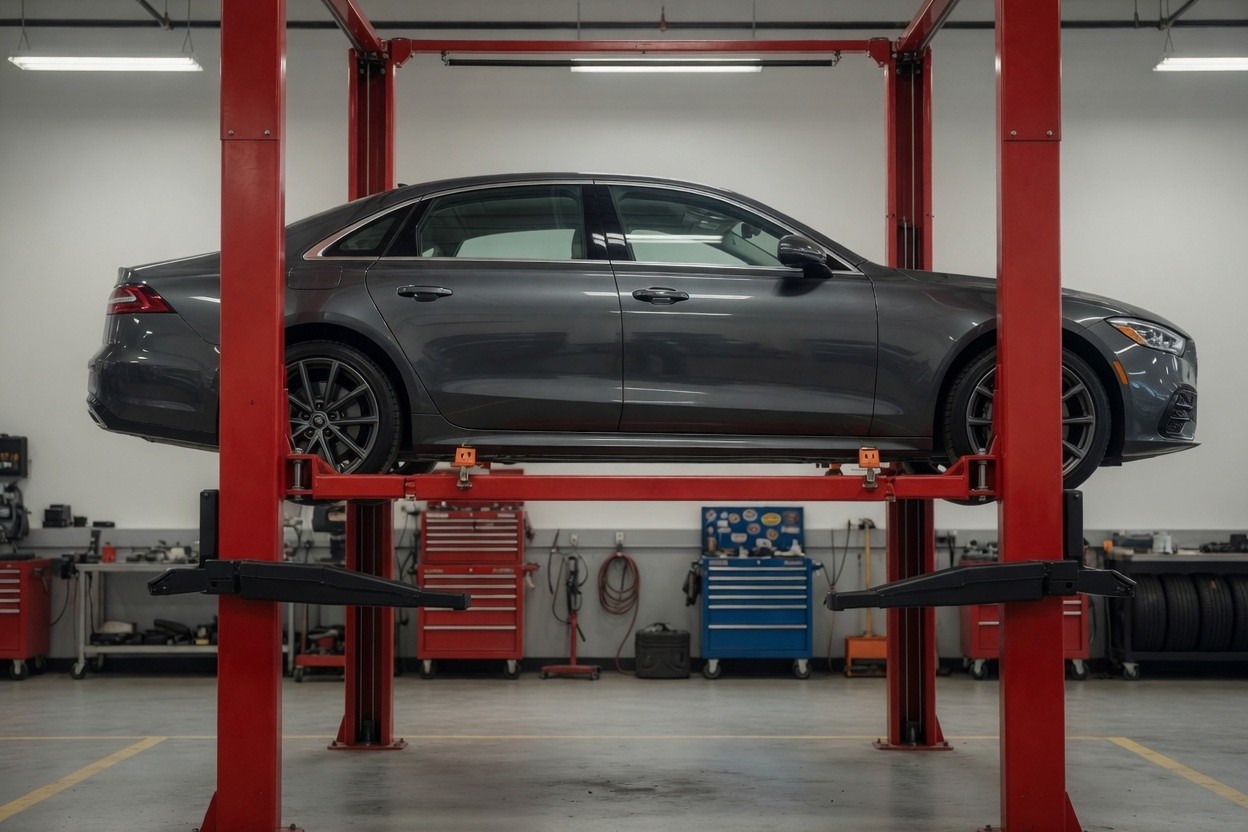 Dark grey sedan raised on a two-post lift