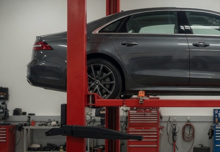 Rear quarter of a dark sedan on the lift