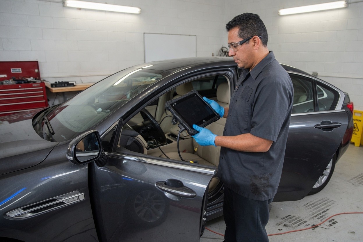 Diagnostic tablet connected at the open door of a dark sedan
