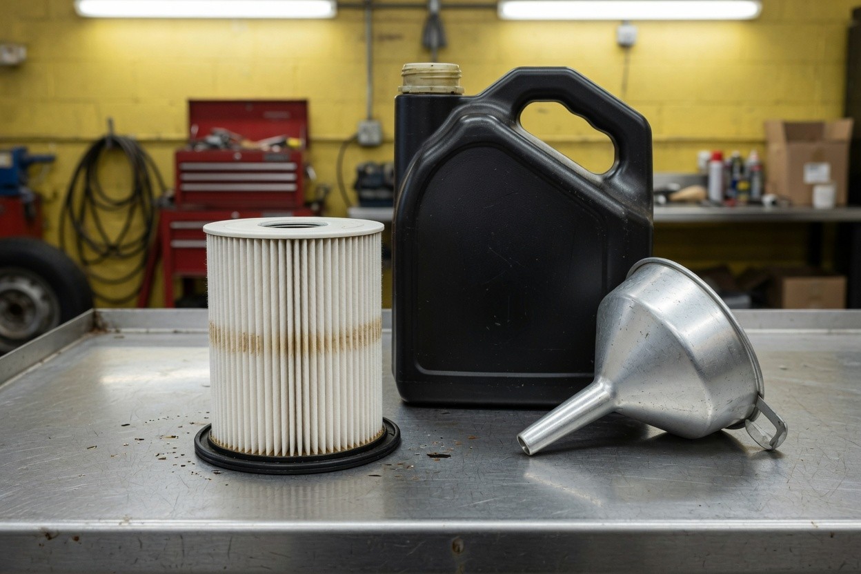 Oil filter, funnel, and a bottle on a steel workbench